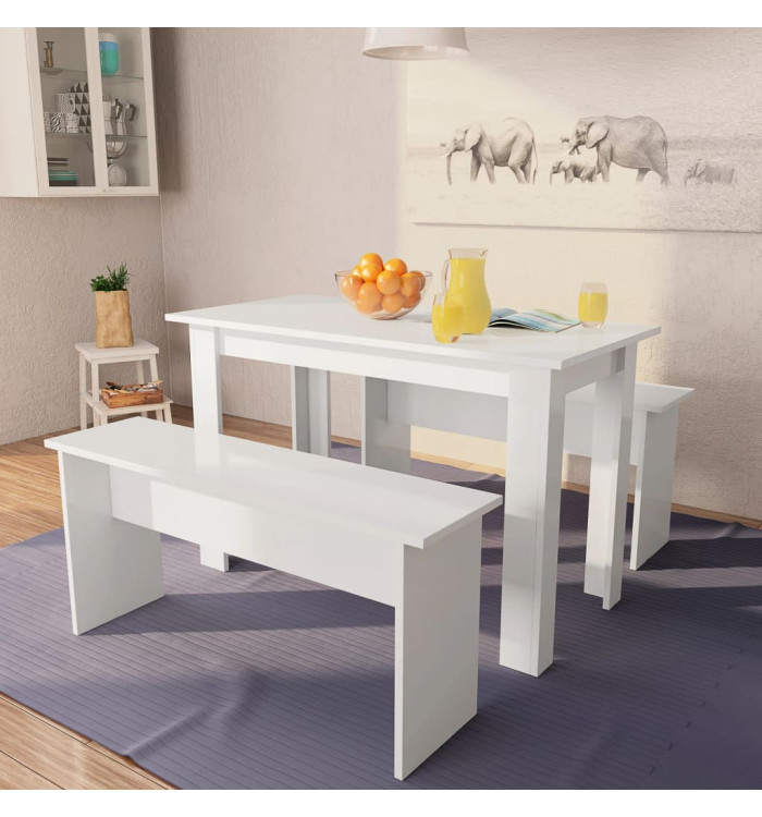 Table de salle à manger et bancs 3 pcs Bois d'ingénierie Blanc | Mobilier & Déco
