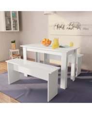 Table de salle à manger et bancs 3 pcs Bois d'ingénierie Blanc | Mobilier & Déco