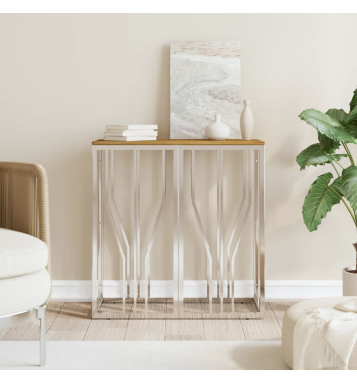 Table console argenté acier inoxydable et bois massif d'acacia | Mobilier & Déco
