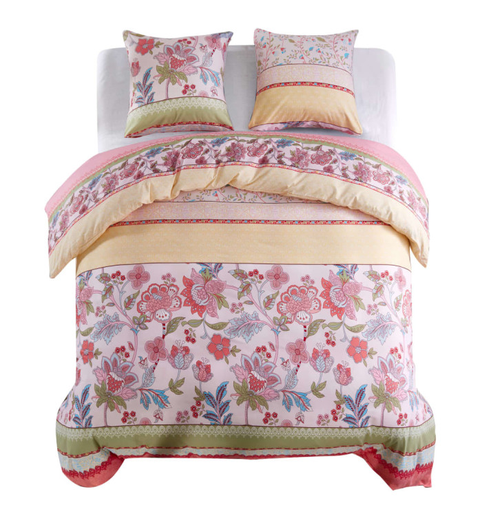 Parure de lit avec housse de couette motif floral/rayé rose | Mobilier & Déco