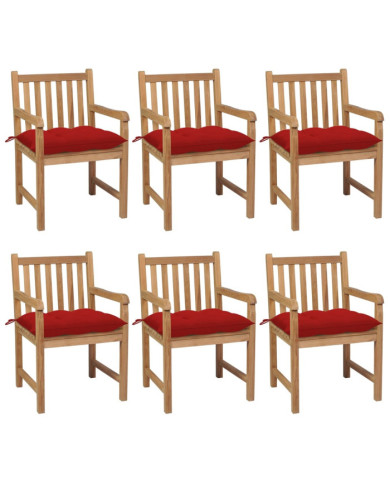 Chaises de jardin lot de 6 et coussins rouge bois teck solide | Mobilier & Déco