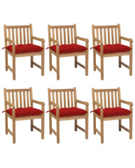 Chaises de jardin lot de 6 et coussins rouge bois teck solide | Mobilier & Déco