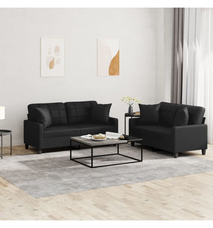 Ensemble de canapés 2 pcs avec coussins noir similicuir | Mobilier & Déco