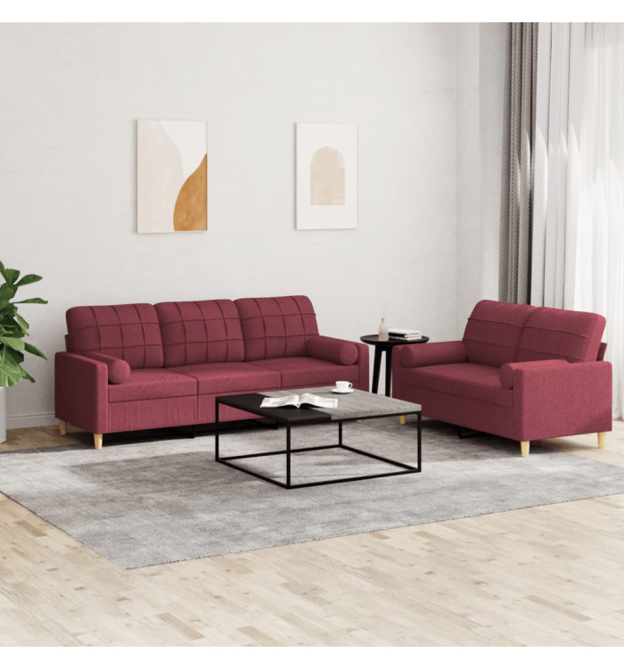 Ensemble de canapés 2 pcs avec coussins rouge bordeaux tissu | Mobilier & Déco