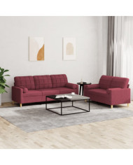 Ensemble de canapés 2 pcs avec coussins rouge bordeaux tissu | Mobilier & Déco