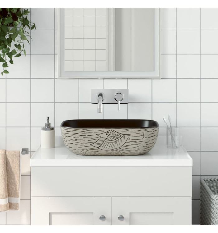 Vasque à poser gris/noir rectangulaire 48x37,5x13,5cm céramique | Mobilier & Déco