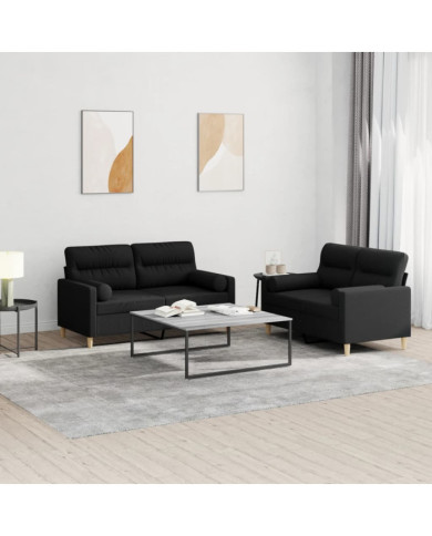 Ensemble de canapés 2 pcs avec coussins noir tissu | Mobilier & Déco