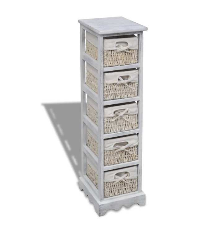 Étagère de rangement en bois 5 paniers en tissage Blanc | Mobilier & Déco