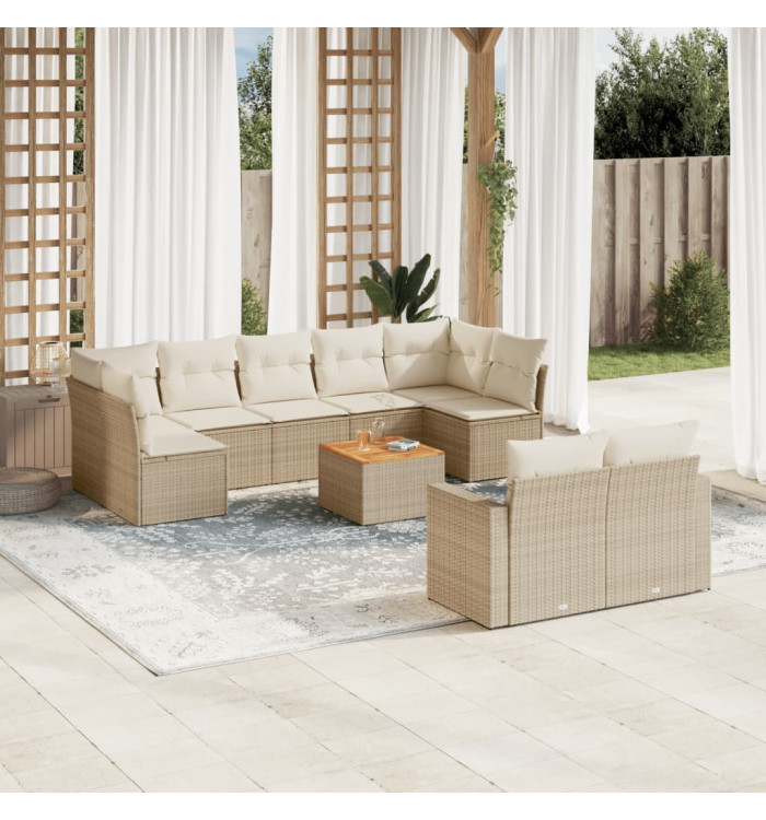 Salon de jardin avec coussins 10 pcs beige résine tressée | Mobilier & Déco