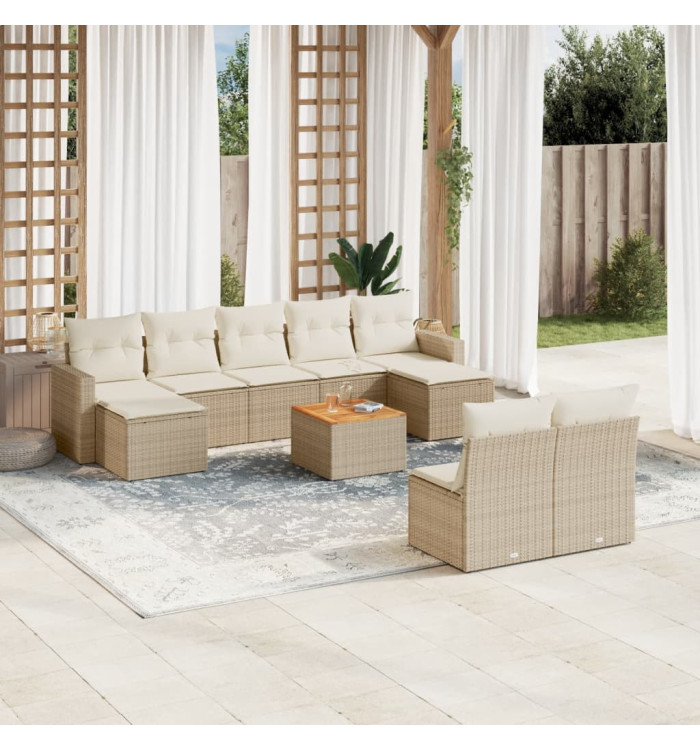 Salon de jardin avec coussins 10 pcs beige résine tressée | Mobilier & Déco
