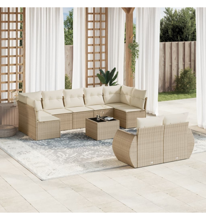 Salon de jardin avec coussins 10 pcs beige résine tressée | Mobilier & Déco