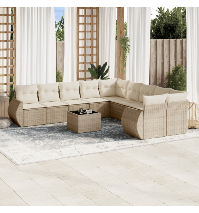 Salon de jardin 11 pcs avec coussins beige résine tressée | Mobilier & Déco