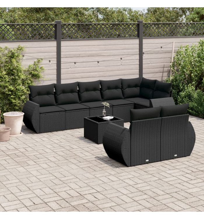 Salon de jardin 9 pcs avec coussins noir résine tressée | Mobilier & Déco