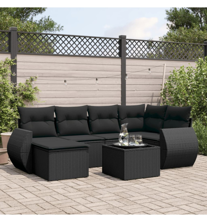 Salon de jardin 7 pcs avec coussins noir résine tressée | Mobilier & Déco