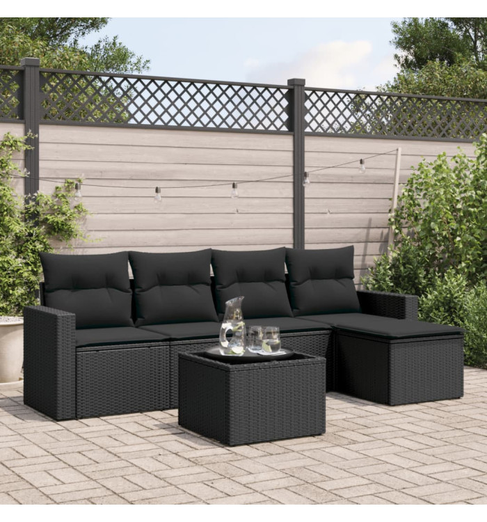 Salon de jardin 6 pcs avec coussins noir résine tressée | Mobilier & Déco
