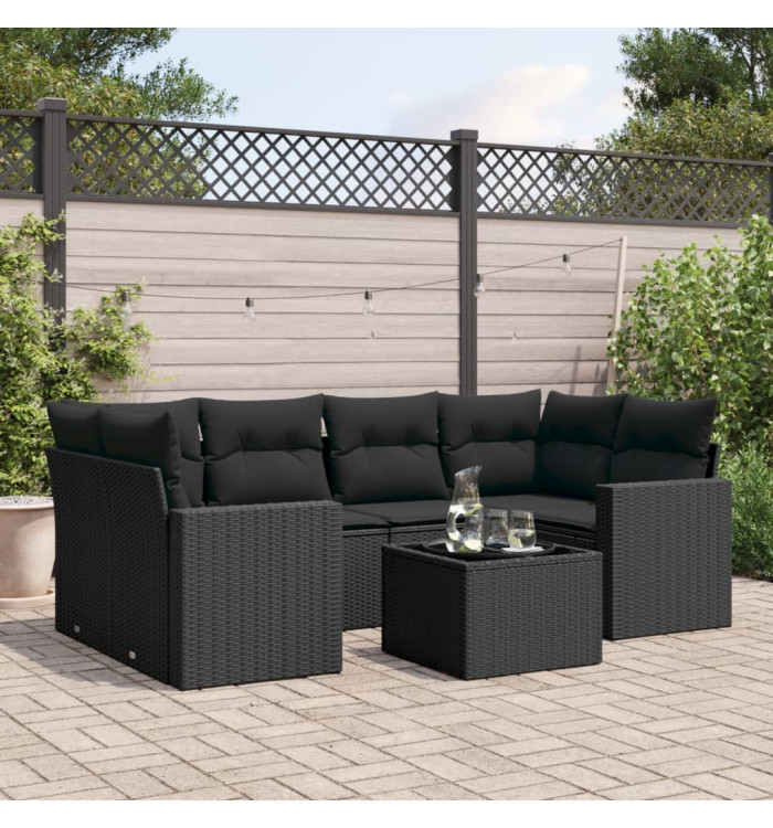Salon de jardin 7 pcs avec coussins noir résine tressée | Mobilier & Déco