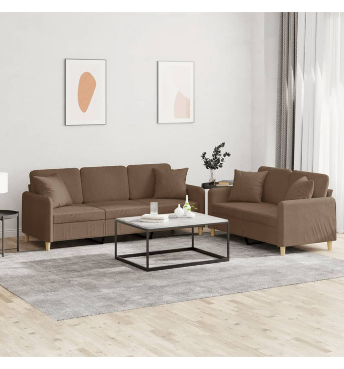 Ensemble de canapés 2 pcs avec coussins marron tissu | Mobilier & Déco