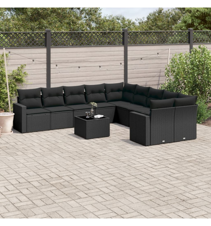 Salon de jardin 11 pcs avec coussins noir résine tressée | Mobilier & Déco