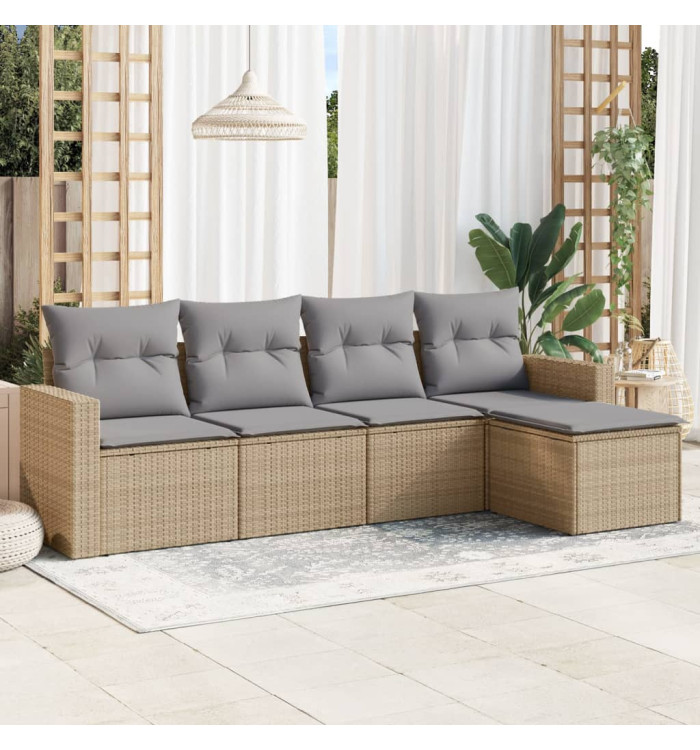 Salon de jardin avec coussins 5 pcs beige résine tressée | Mobilier & Déco