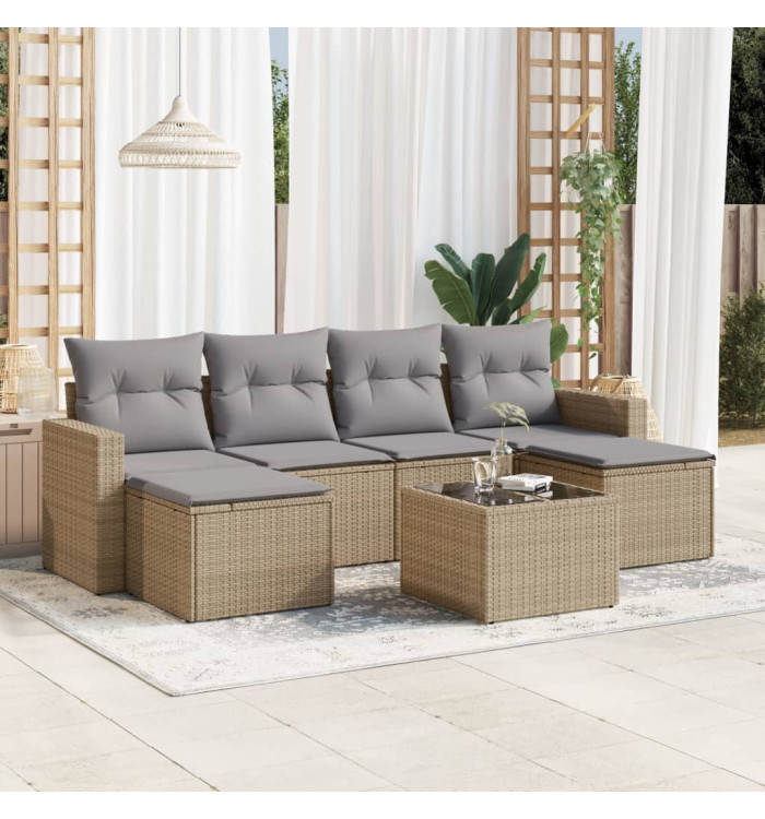 Salon de jardin avec coussins 7 pcs beige résine tressée | Mobilier & Déco