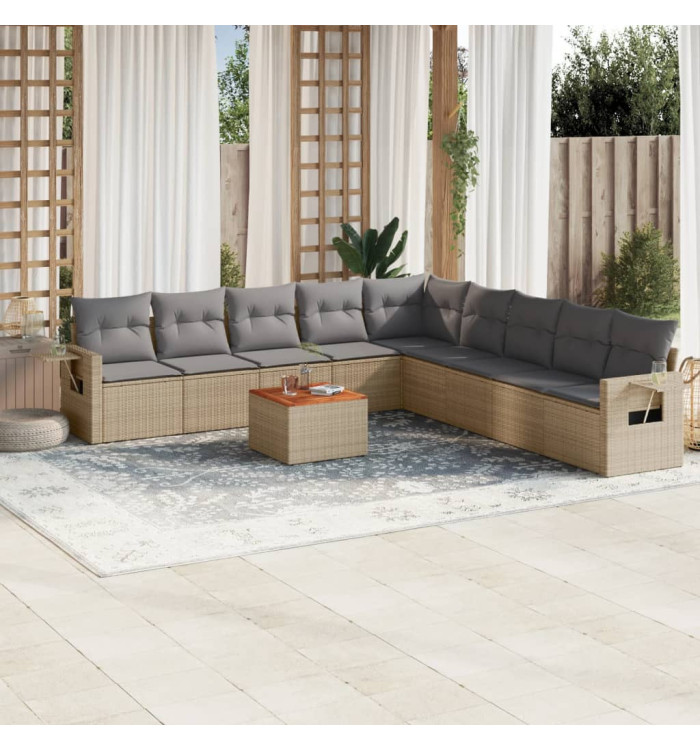 Salon de jardin avec coussins 10 pcs beige résine tressée | Mobilier & Déco