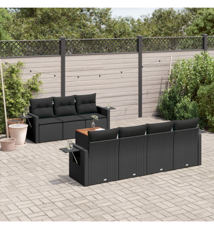 Salon de jardin 8 pcs avec coussins noir résine tressée | Mobilier & Déco