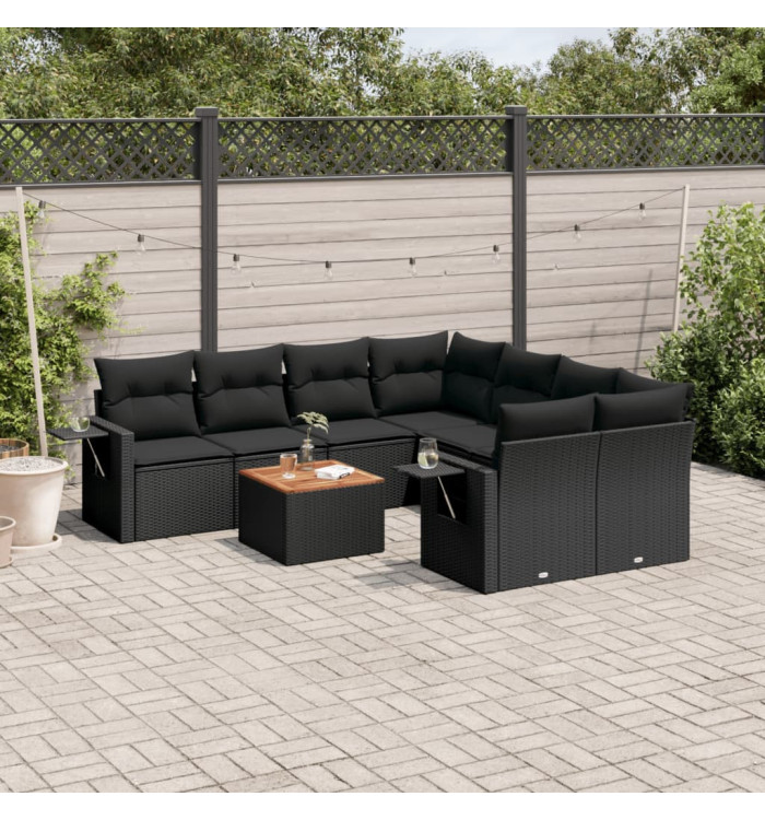 Salon de jardin 9 pcs avec coussins noir résine tressée | Mobilier & Déco