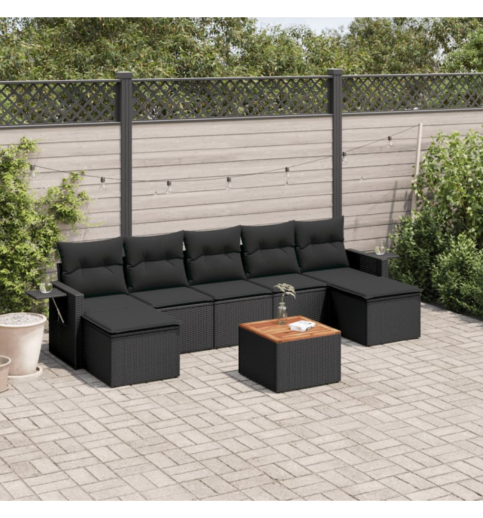Salon de jardin 8 pcs avec coussins noir résine tressée | Mobilier & Déco