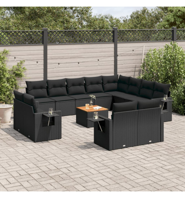 Salon de jardin avec coussins 13 pcs noir résine tressée | Mobilier & Déco