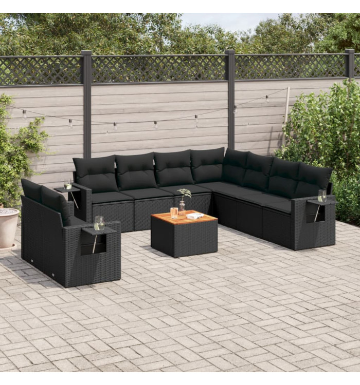 Salon de jardin 10 pcs avec coussins noir résine tressée | Mobilier & Déco
