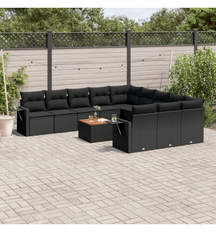 Salon de jardin 12 pcs avec coussins noir résine tressée | Mobilier & Déco