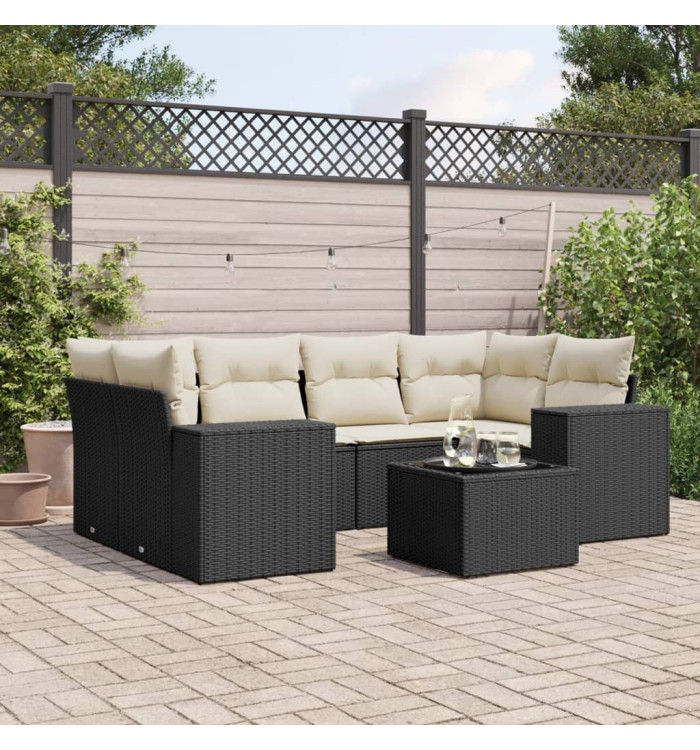 Salon de jardin 7 pcs avec coussins noir résine tressée | Mobilier & Déco
