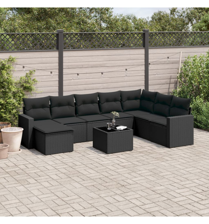 Salon de jardin 9 pcs avec coussins noir résine tressée | Mobilier & Déco