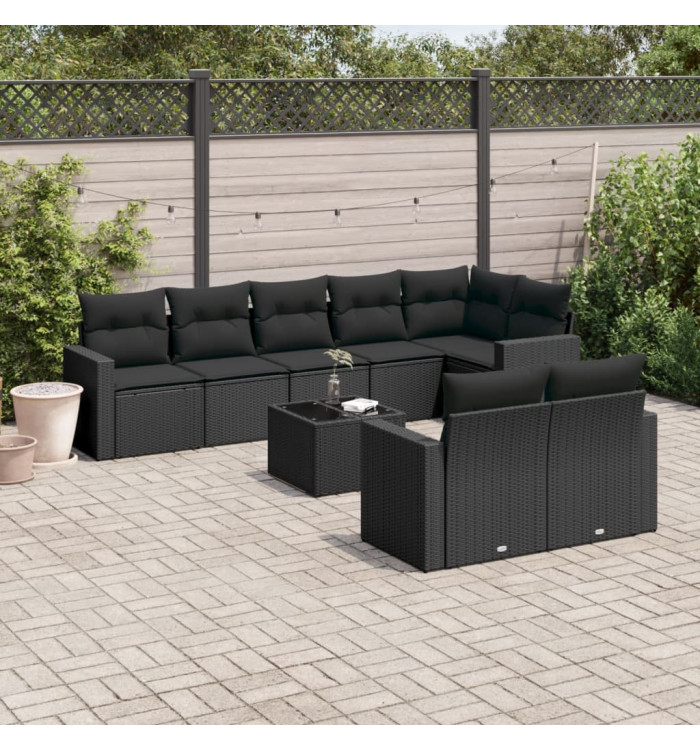 Salon de jardin 9 pcs avec coussins noir résine tressée | Mobilier & Déco