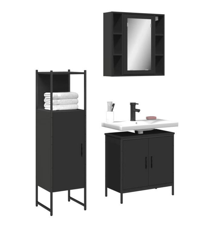 Ensemble d'armoires salle de bain 3 pcs noir bois d'ingénierie | Mobilier & Déco