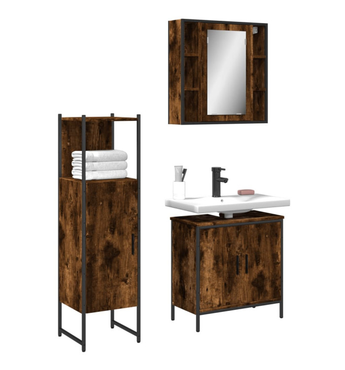 Ensemble d'armoires de salle de bain 3 pcs chêne fumé | Mobilier & Déco