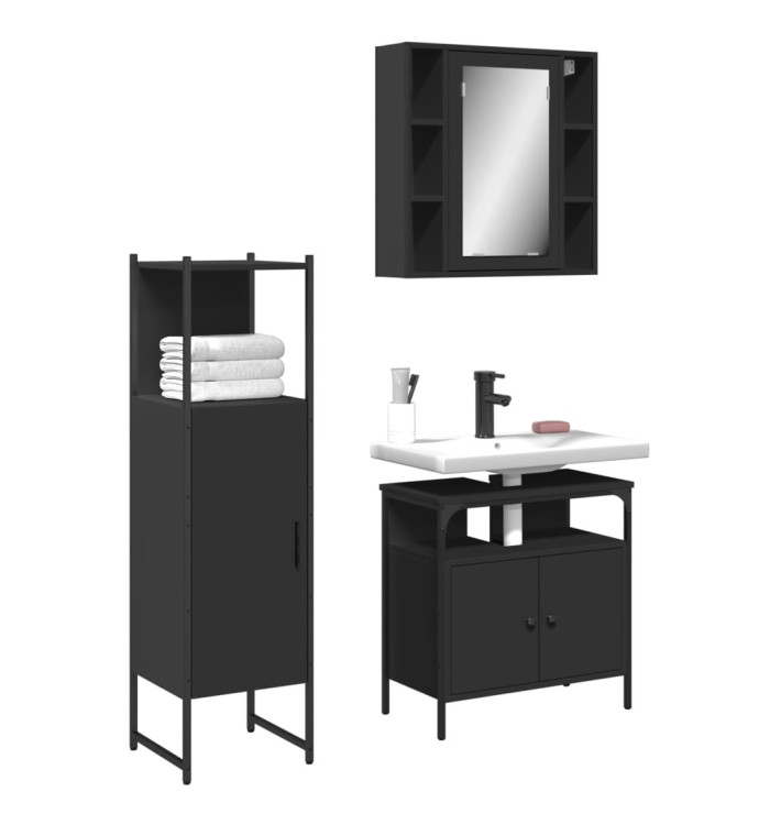 Ensemble d'armoires salle de bain 3 pcs noir bois d'ingénierie | Mobilier & Déco