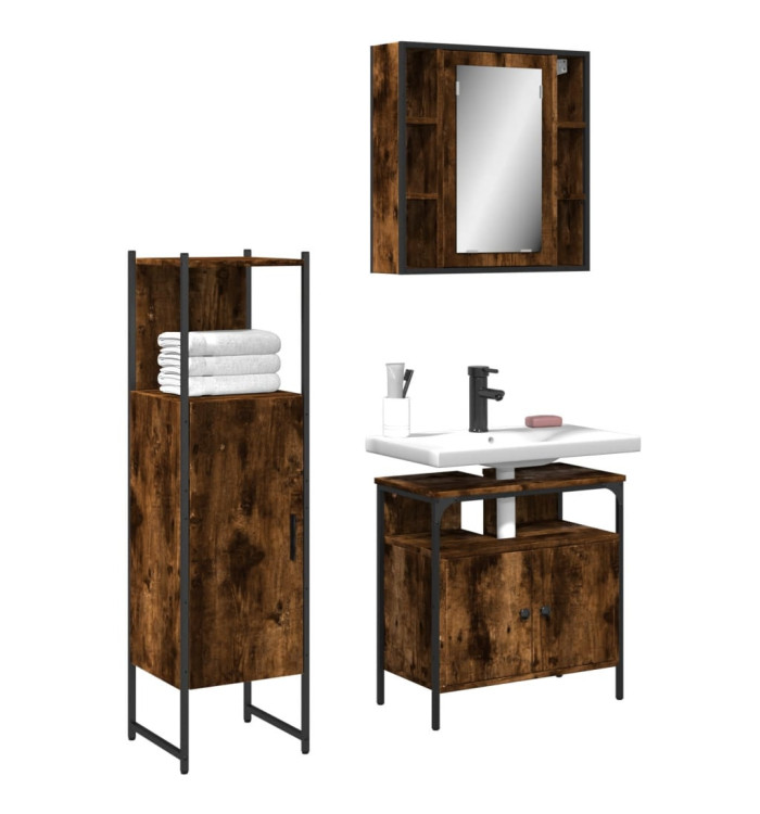 Ensemble d'armoires de salle de bain 3 pcs chêne fumé | Mobilier & Déco