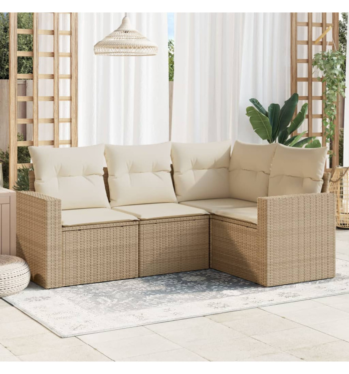 Salon de jardin avec coussins 4 pcs beige résine tressée | Mobilier & Déco