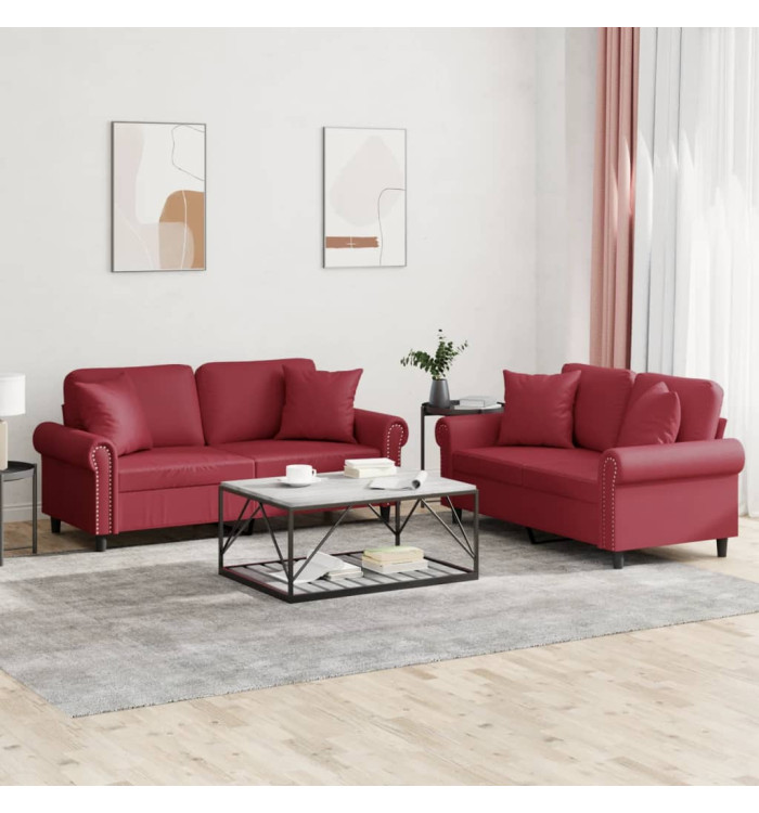 Ensemble de canapés 2 pcs et coussins rouge bordeaux similicuir | Mobilier & Déco