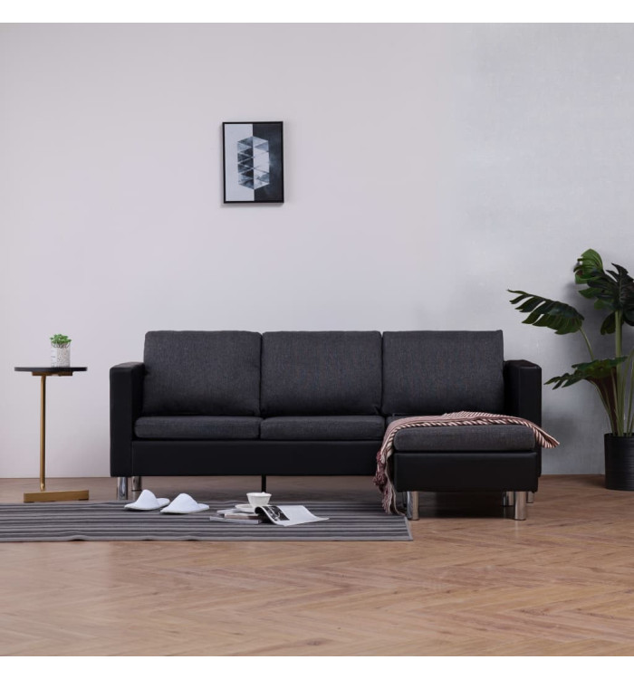 Canapé à 3 places avec coussins noir similicuir | Mobilier & Déco