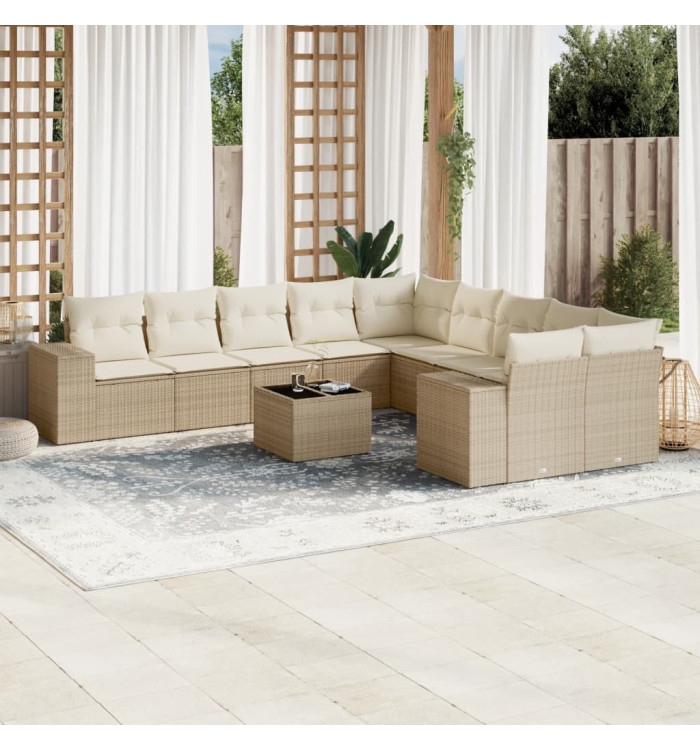Salon de jardin 11 pcs avec coussins beige résine tressée | Mobilier & Déco