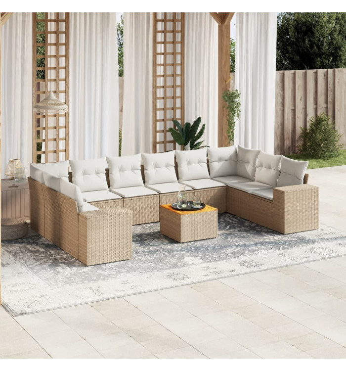 Salon de jardin 11 pcs avec coussins beige résine tressée | Mobilier & Déco