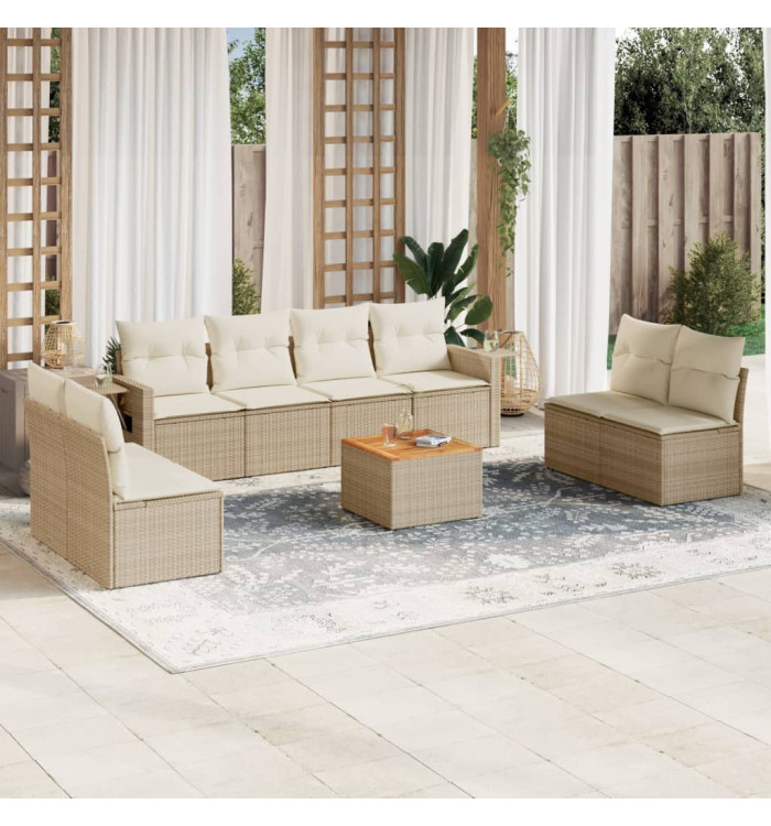 Salon de jardin avec coussins 9 pcs beige résine tressée | Mobilier & Déco