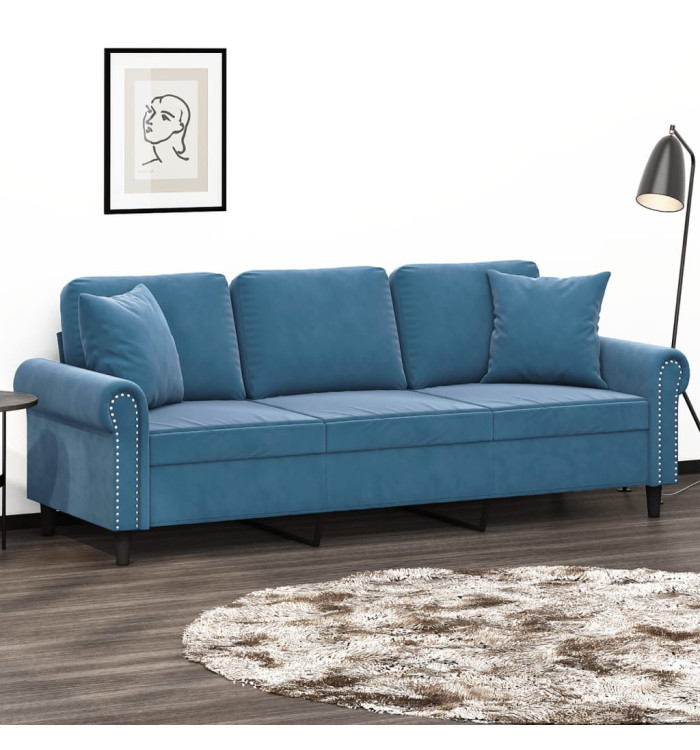 Canapé 3 places avec oreillers décoratifs bleu 180 cm velours | Mobilier & Déco