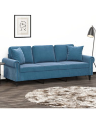 Canapé 3 places avec oreillers décoratifs bleu 180 cm velours | Mobilier & Déco