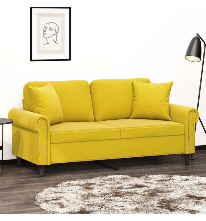 Canapé 2 places avec oreillers décoratifs jaune 140 cm velours | Mobilier & Déco