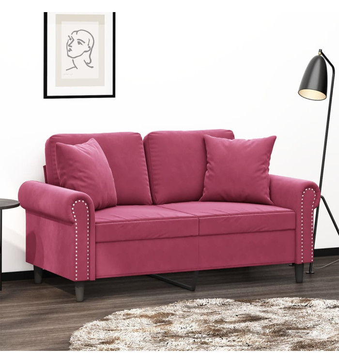 Canapé 2 places avec oreillers bordeaux 120 cm velours | Mobilier & Déco