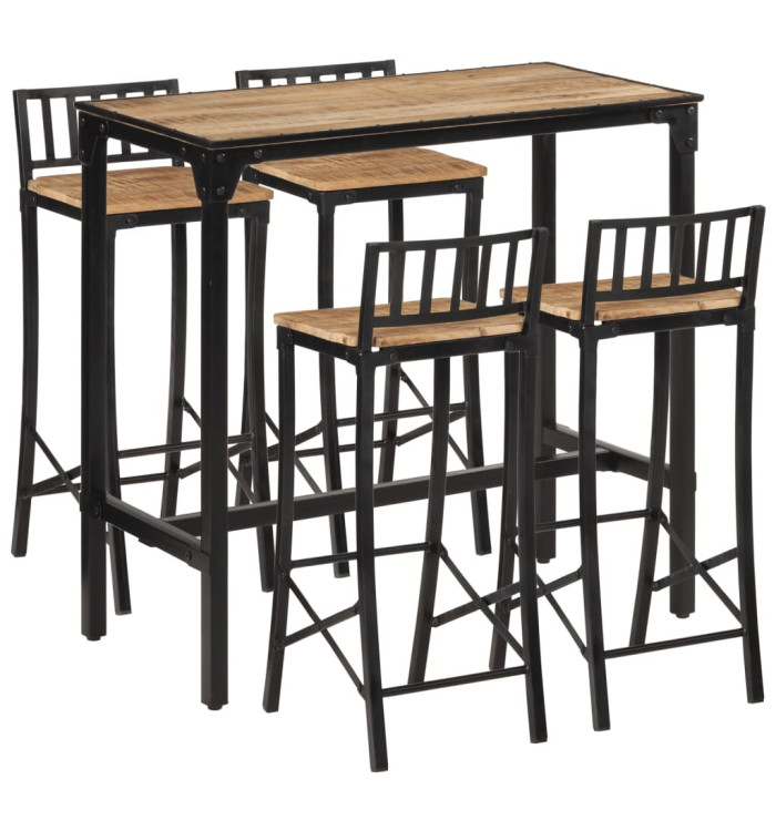 Ensemble de bar 5 pcs bois de manguier brut massif et métal | Mobilier & Déco