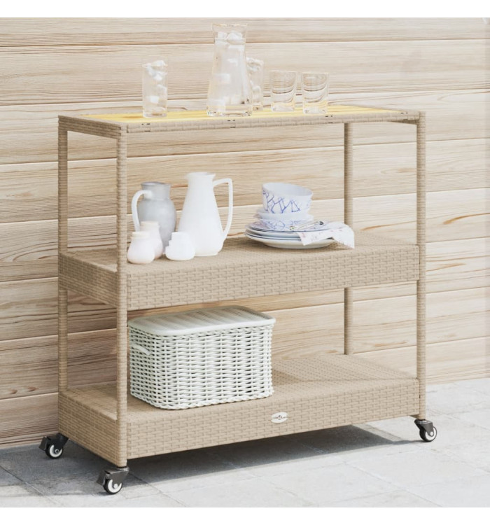 Chariot de bar 3 niveaux beige rotin et bois d'acacia massif | Mobilier & Déco